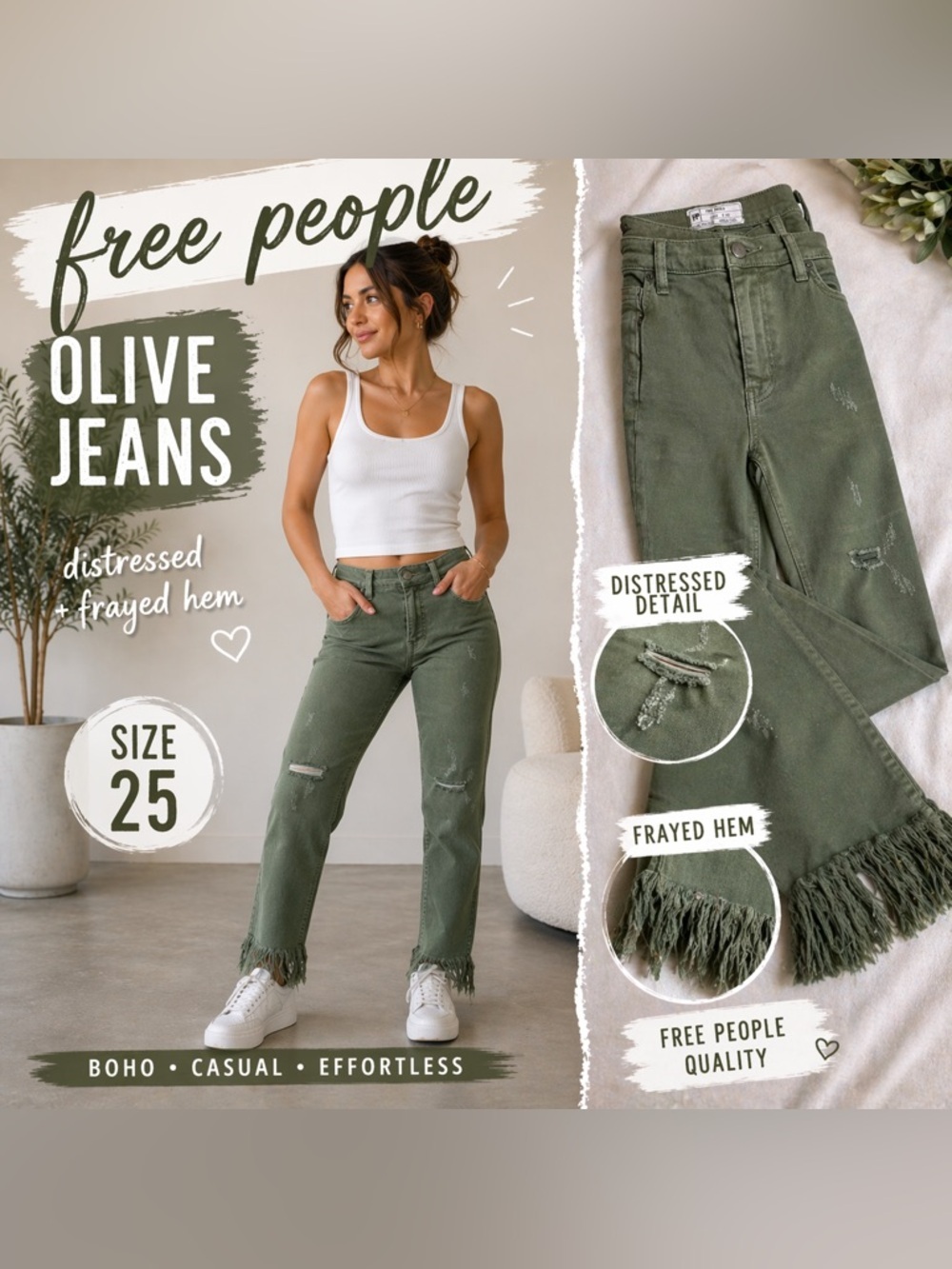 Free People Olive Green Distressed Jeans Frayed Hem Size 25 Boho Raw Hem - Picture 1 of 9